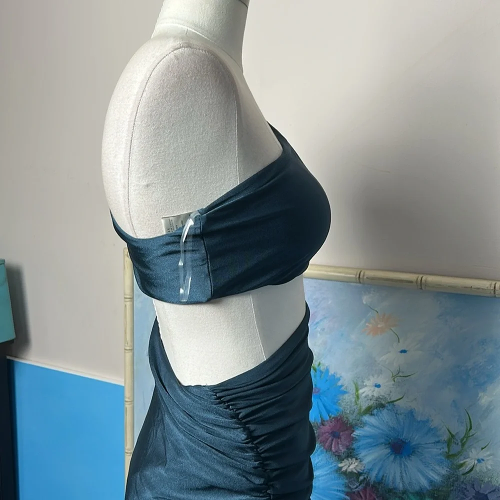 Eugenia Fernandez  One-Shoulder Teal Dress Ruched Side Maxi Open side small - Picture 9 of 17